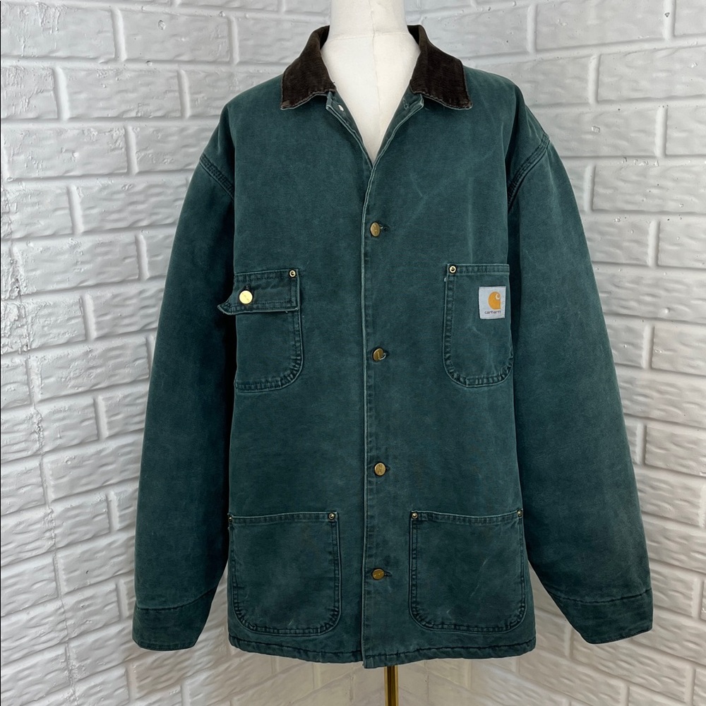 VINTAGE CARHARTT 1997 CHORE JACKET TEAL BLANKET LINED CORDUROY SZ LT CB2043